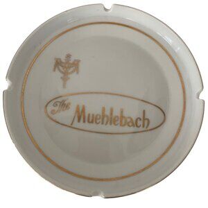 Vintage The Muehlebach White Ceramic Ashtray Gold Trim Ashtray Specialty Co. USA